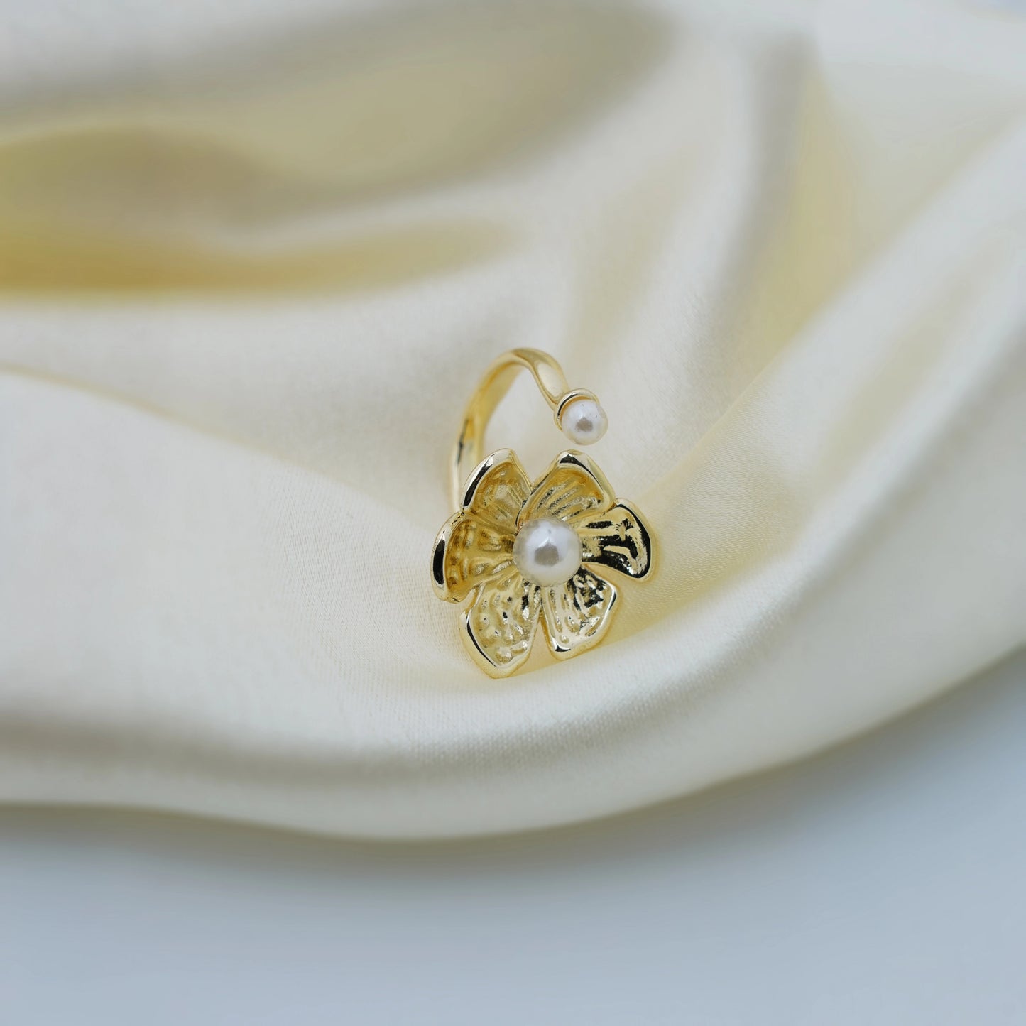 Pearl-Accented Golden Floral Blossom Ring
