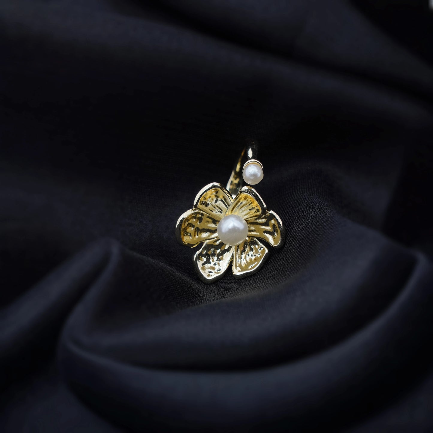 Pearl-Accented Golden Floral Blossom Ring