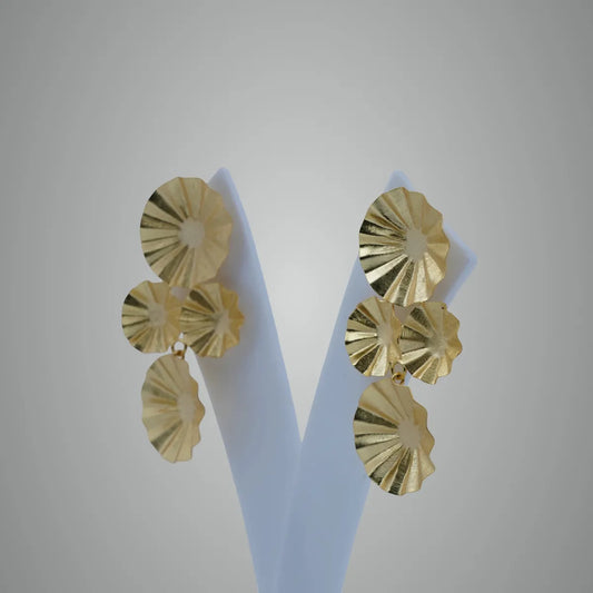 Golden Sunburst Pleated Disc Tiered Statement Earrings